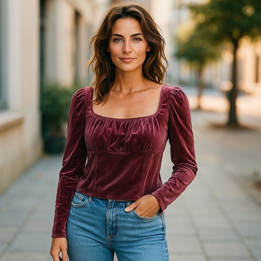 SHOP NEIGHBOR Womens Velvet Crop‎ Puff Sleeve Top Sz Large Y2K NWT